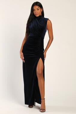 Lulus Alluring Image Navy Blue Ruched Velvet Mock Neck Maxi Dress Party Small